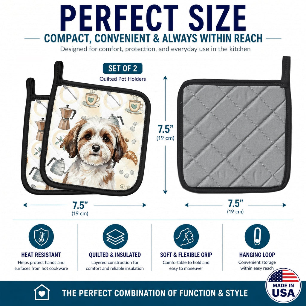 Parti-color Havanese Coffee Bar Pot Holder Set of 2 Heat Resistant Quilted Hot Pads 7.5 x 7.5 Inch, Insulated Kitchen Trivets for Cooking & Baking