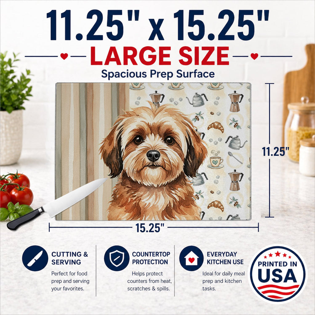 Sable Havanese Coffee Bar Cutting Board Tempered Glass Kitchen Cutting Surface, Heat Resistant Chopping, Non-Slip Feet, Food Prep & Serving