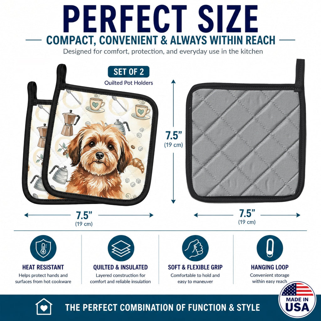 Sable Havanese Coffee Bar Pot Holder Set of 2 Heat Resistant Quilted Hot Pads 7.5 x 7.5 Inch, Insulated Kitchen Trivets for Cooking & Baking