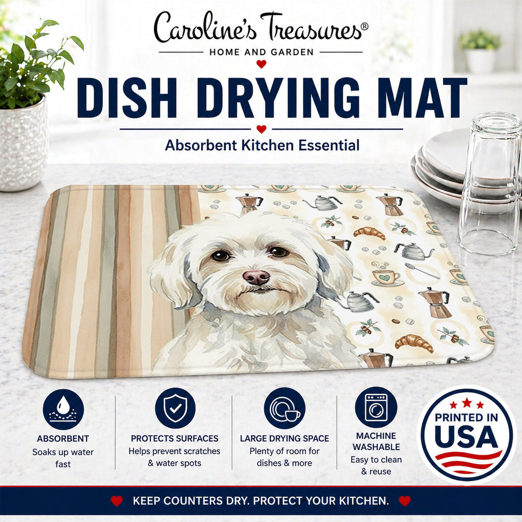 White Havanese Coffee Bar Dish Drying Mat Absorbent Dish Drying Mat Pad for Kitchen Counter Dish Drainer Mat for Countertop, 14 x 21", Multicolor