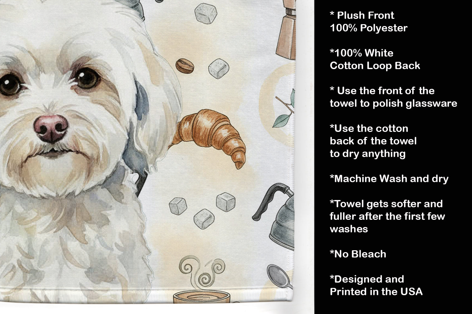 White Havanese Coffee Bar Kitchen Towel Velour Plush Front and Cotton Loop Back Machine Washable