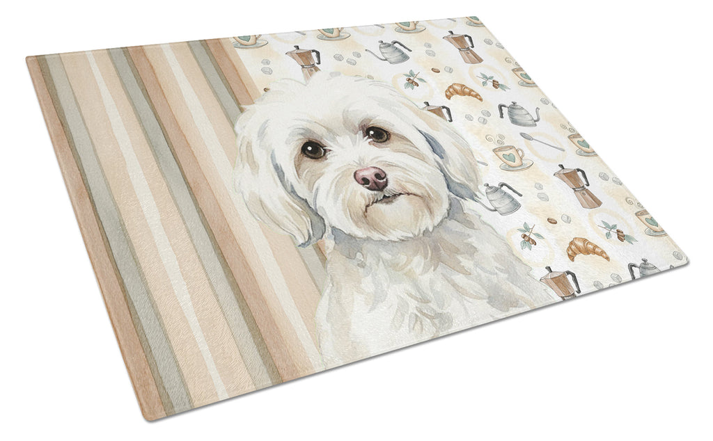 White Havanese Coffee Bar Cutting Board Tempered Glass Kitchen Cutting Surface, Heat Resistant Chopping, Non-Slip Feet, Food Prep & Serving