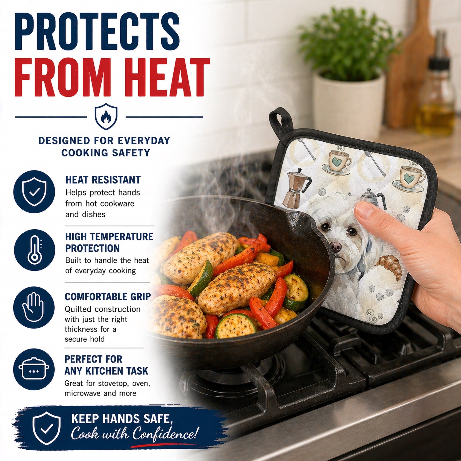 White Havanese Coffee Bar Pot Holder Set of 2 Heat Resistant Quilted Hot Pads 7.5 x 7.5 Inch, Insulated Kitchen Trivets for Cooking & Baking