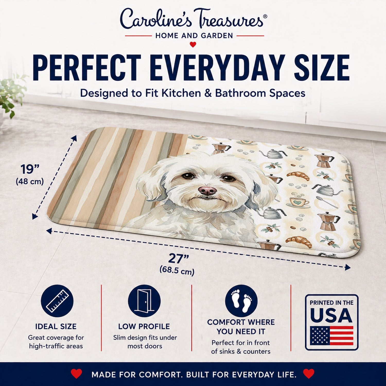 White Havanese Coffee Bar Memory Foam Kitchen Mat Machine Washable Anti-Fatigue Cushion Comfort Bath or Kitchen Rug
