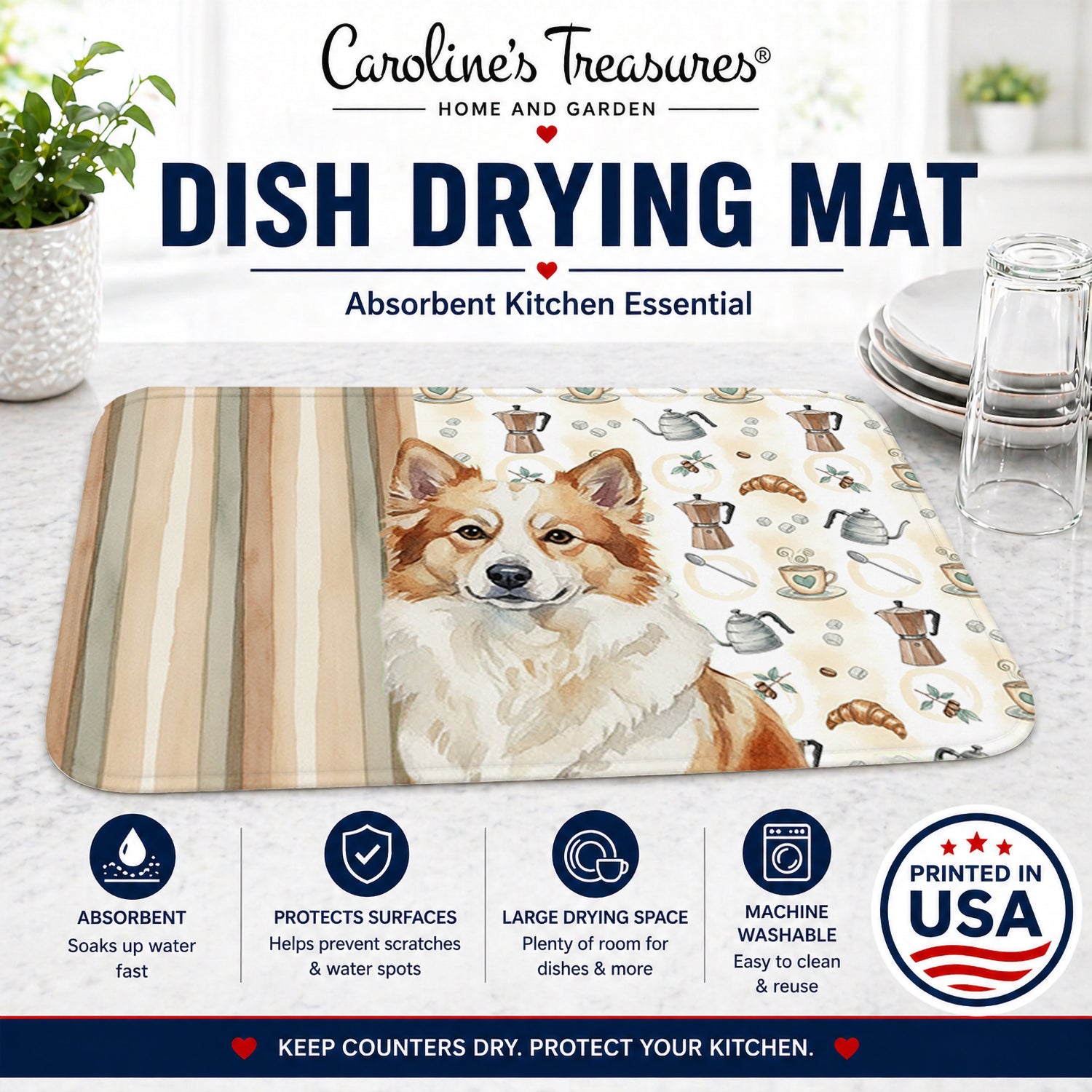 Tan Icelandic Sheepdog Coffee Bar Dish Drying Mat Absorbent Dish Drying Mat Pad for Kitchen Counter Dish Drainer Mat for Countertop, 14 x 21", Multicolor