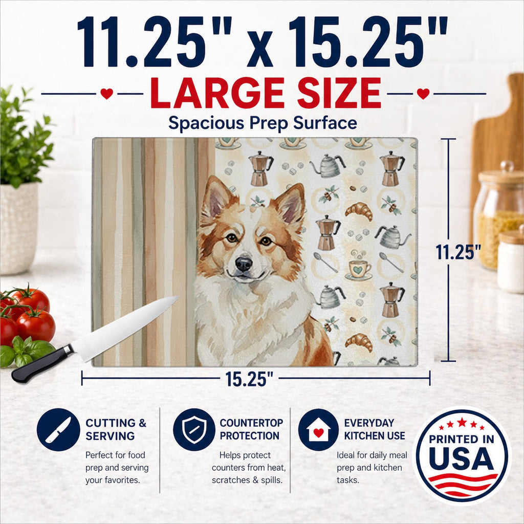Tan Icelandic Sheepdog Coffee Bar Cutting Board Tempered Glass Kitchen Cutting Surface, Heat Resistant Chopping, Non-Slip Feet, Food Prep & Serving