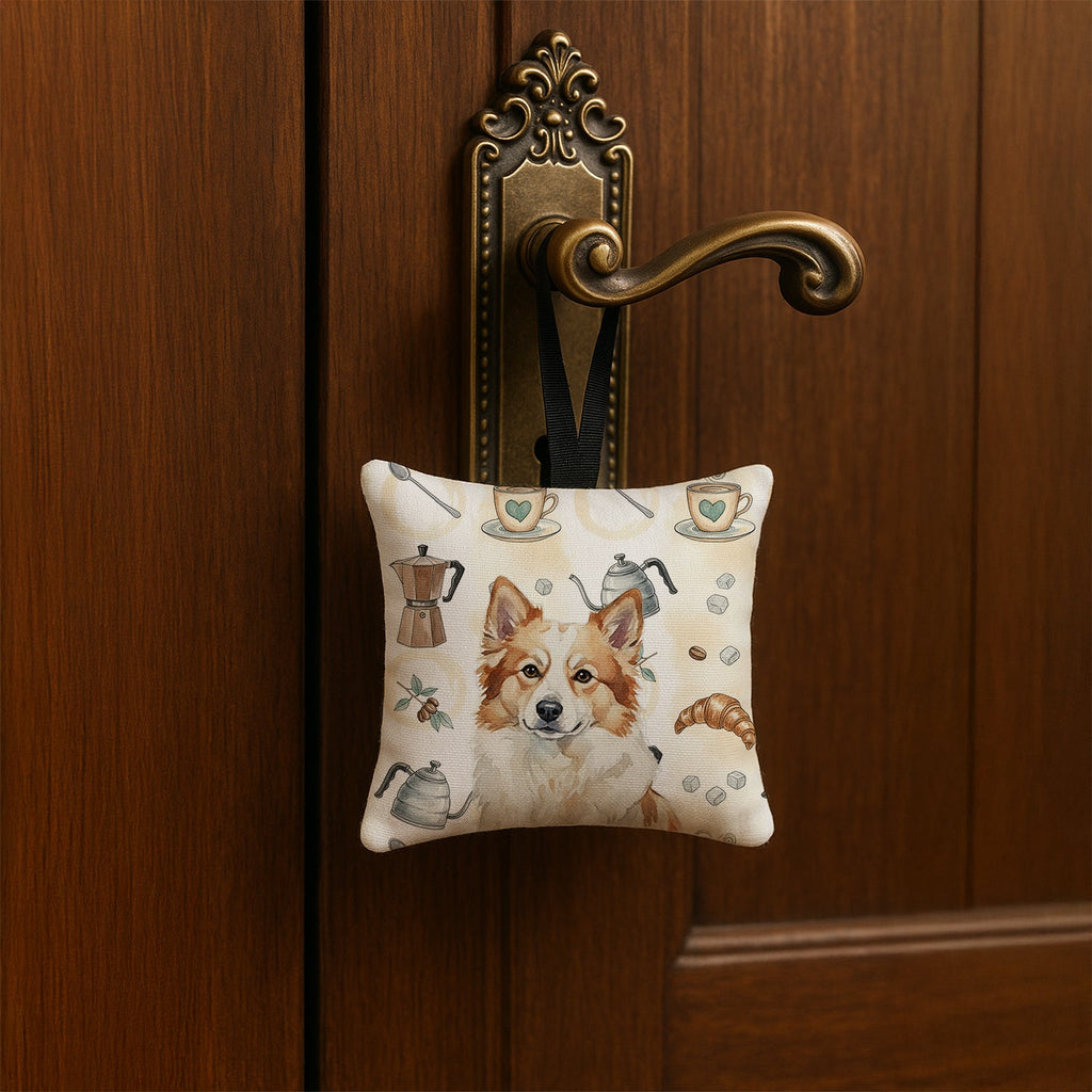 Tan Icelandic Sheepdog Coffee Bar Hanging Square Fabric Ornament 3.5 � 3.5 Decorative Door-Knob & Tree Hanger, Soft Fabric