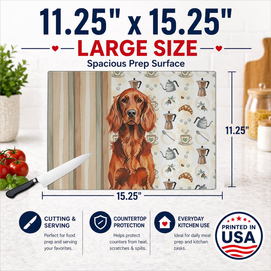 Irish Setter Coffee Bar Cutting Board Tempered Glass Kitchen Cutting Surface, Heat Resistant Chopping, Non-Slip Feet, Food Prep & Serving