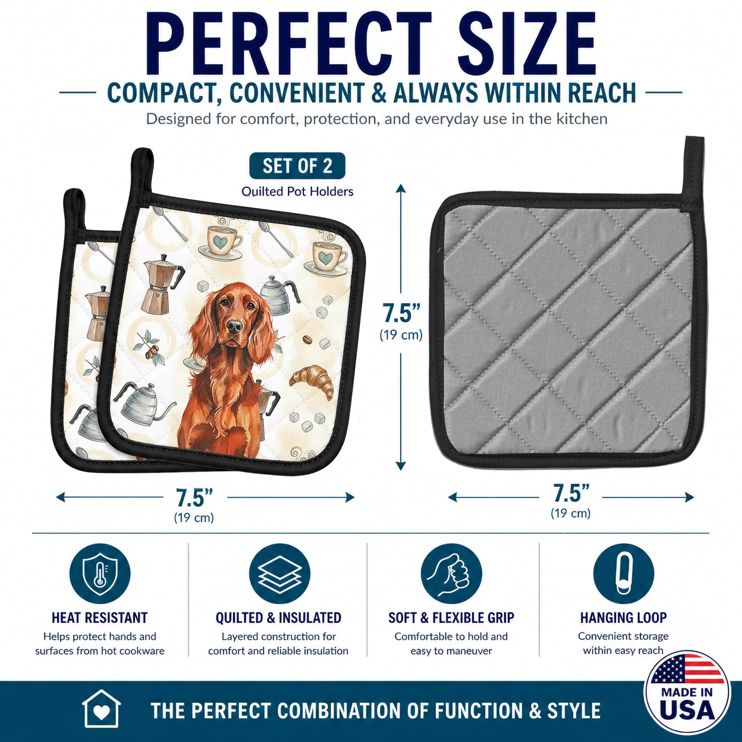 Irish Setter Coffee Bar Pot Holder Set of 2 Heat Resistant Quilted Hot Pads 7.5 x 7.5 Inch, Insulated Kitchen Trivets for Cooking & Baking