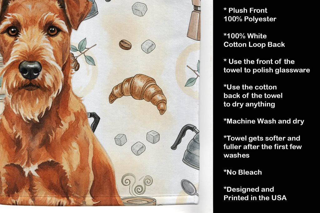 Irish Terrier Coffee Bar Kitchen Towel Velour Plush Front and Cotton Loop Back Machine Washable
