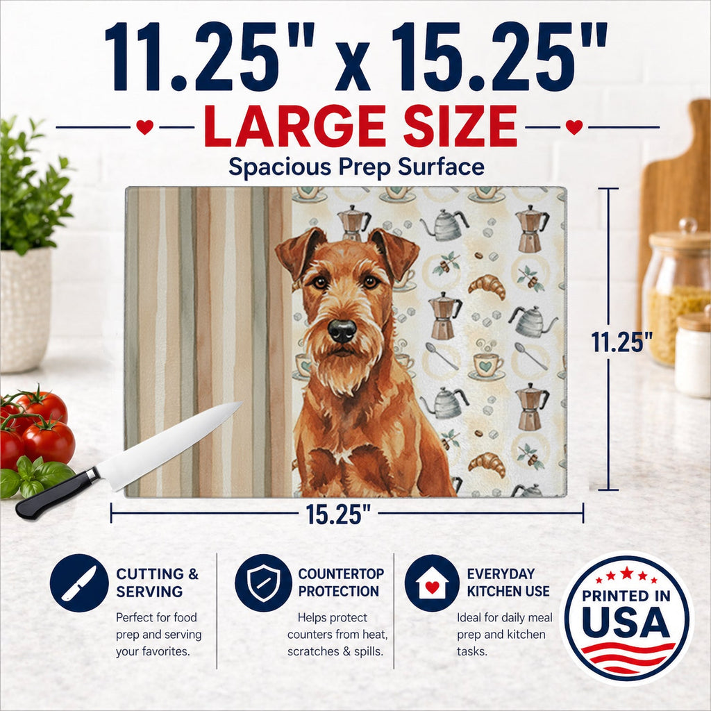 Irish Terrier Coffee Bar Cutting Board Tempered Glass Kitchen Cutting Surface, Heat Resistant Chopping, Non-Slip Feet, Food Prep & Serving
