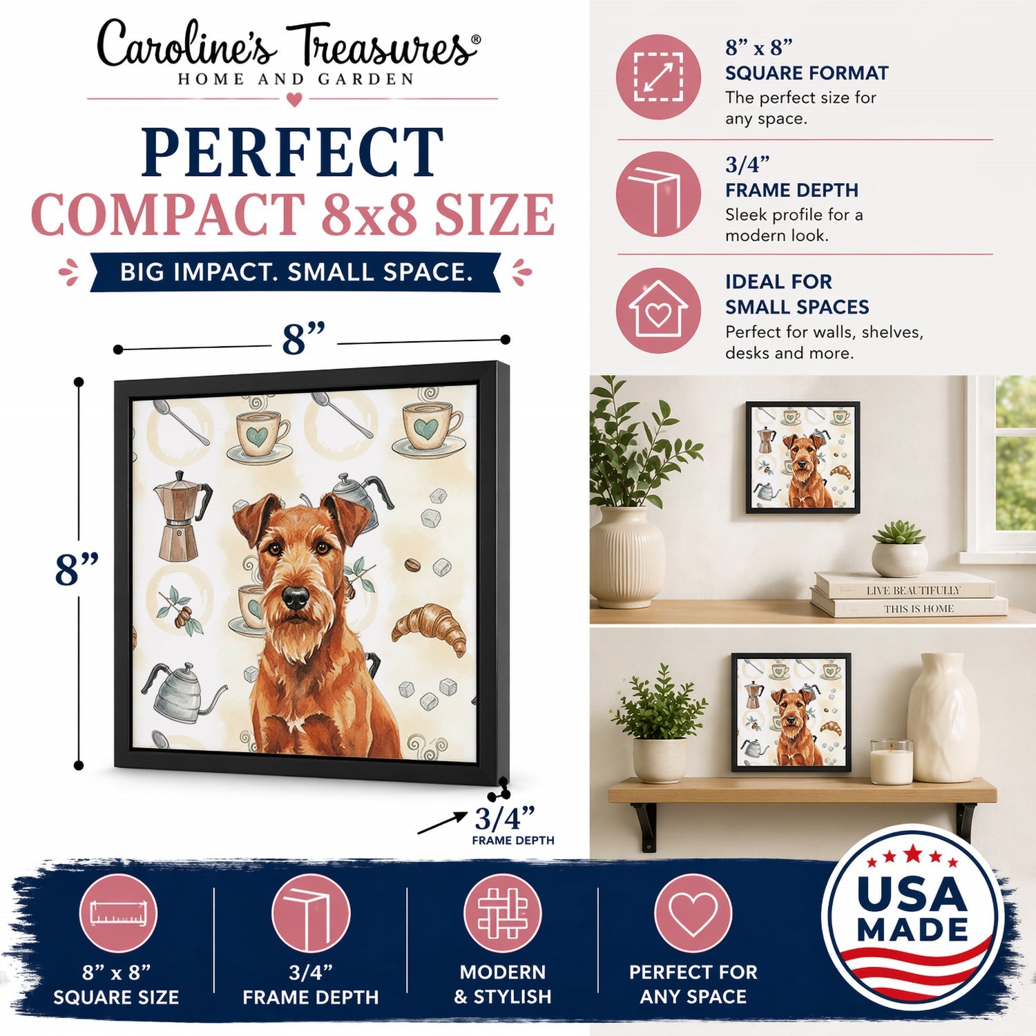 Irish Terrier Coffee Bar Framed Metal Print Bathroom, Kitchen, Office, Home Decor Wall Art Ready to Hang, Square, 8X8
