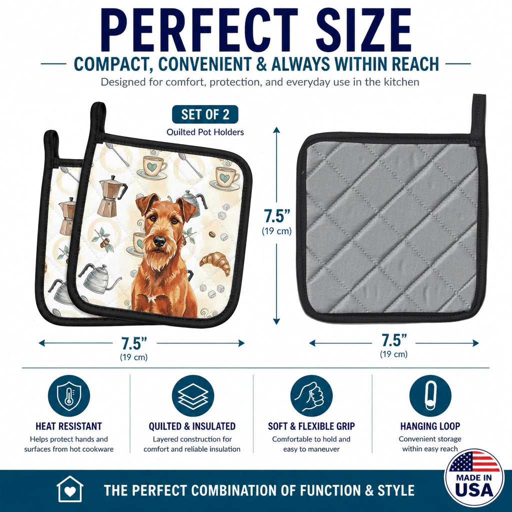Irish Terrier Coffee Bar Pot Holder Set of 2 Heat Resistant Quilted Hot Pads 7.5 x 7.5 Inch, Insulated Kitchen Trivets for Cooking & Baking