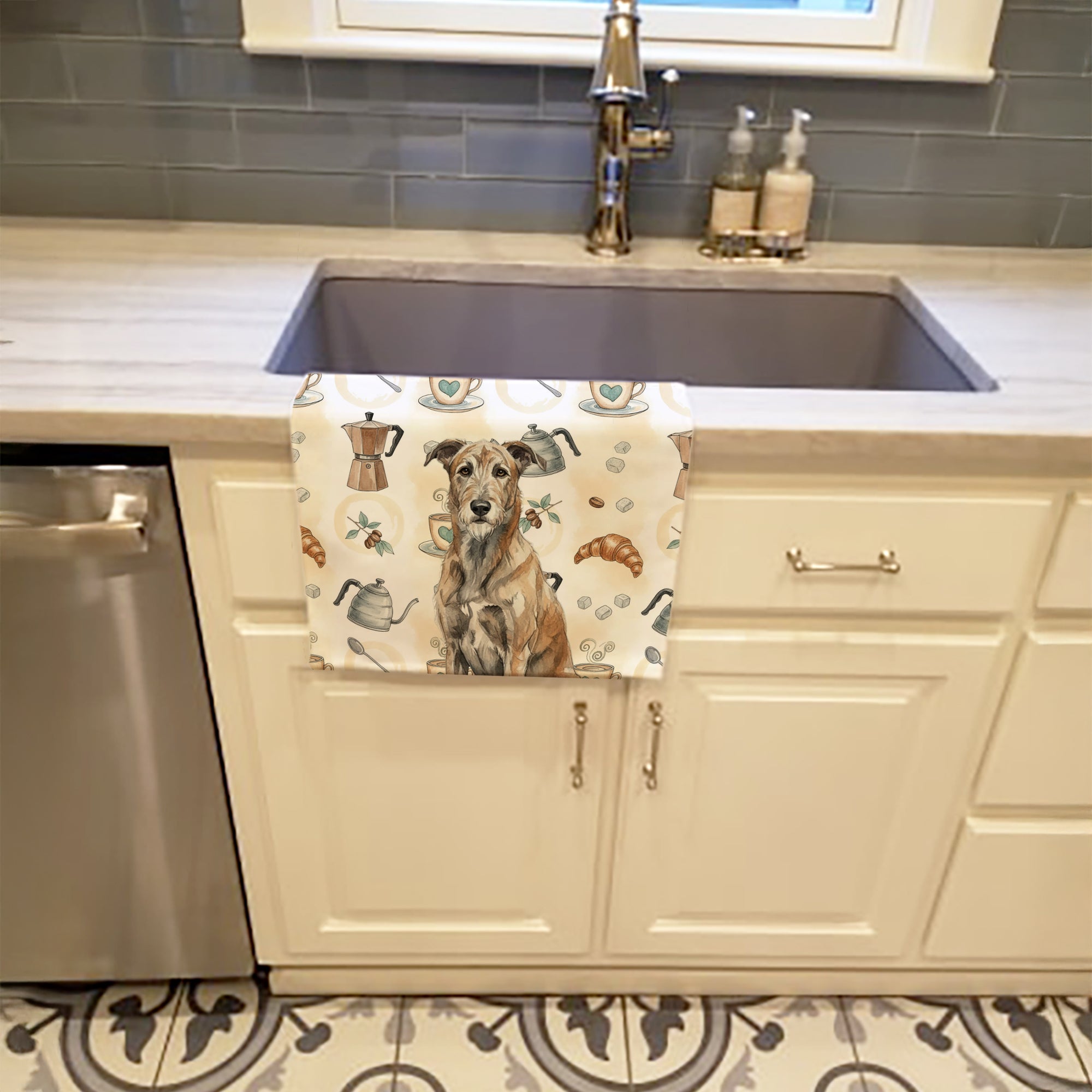 Brindle Irish Wolfhound Coffee Bar Kitchen Towel Velour Plush Front and Cotton Loop Back Machine Washable
