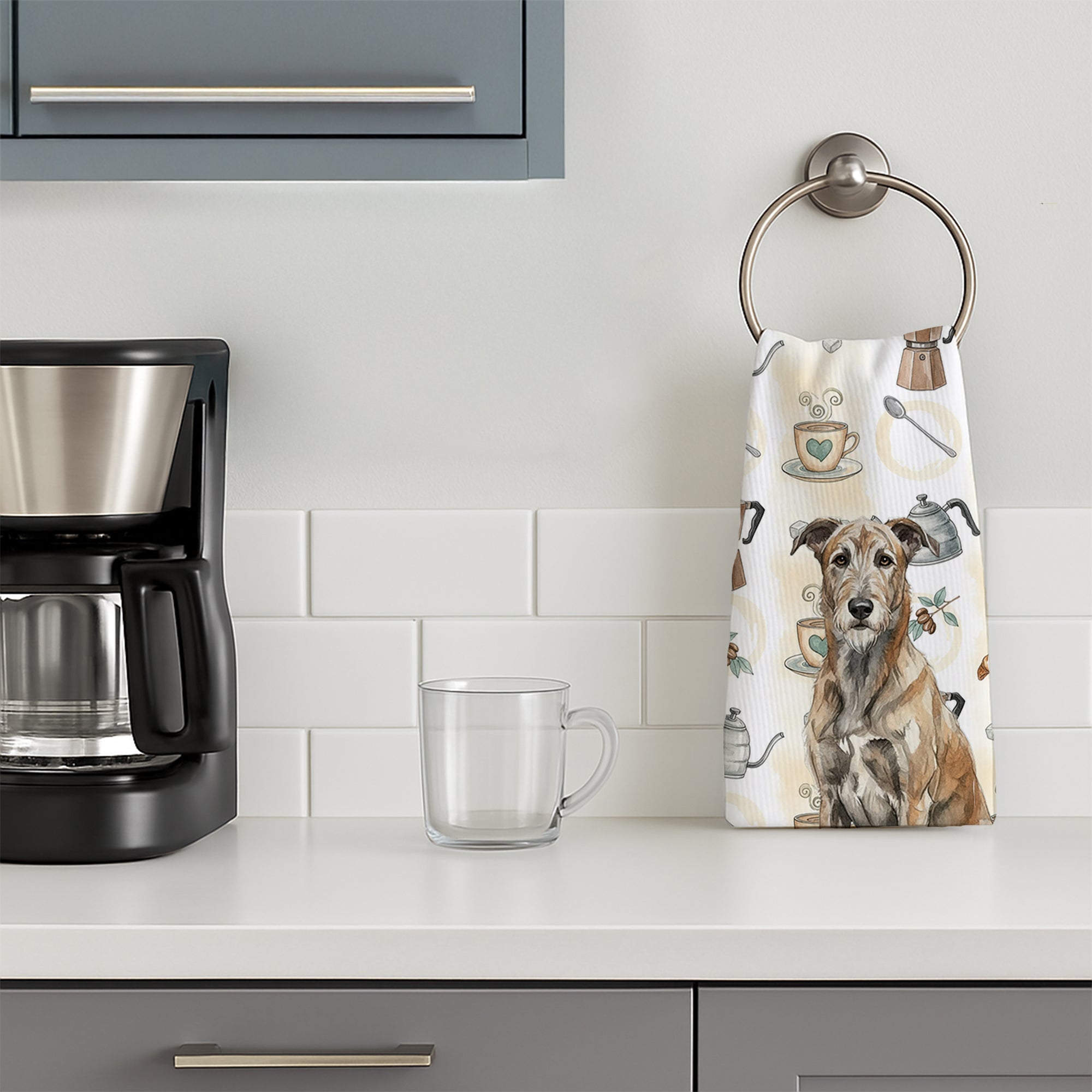 Brindle Irish Wolfhound Coffee Bar Kitchen Towel Velour Plush Front and Cotton Loop Back Machine Washable