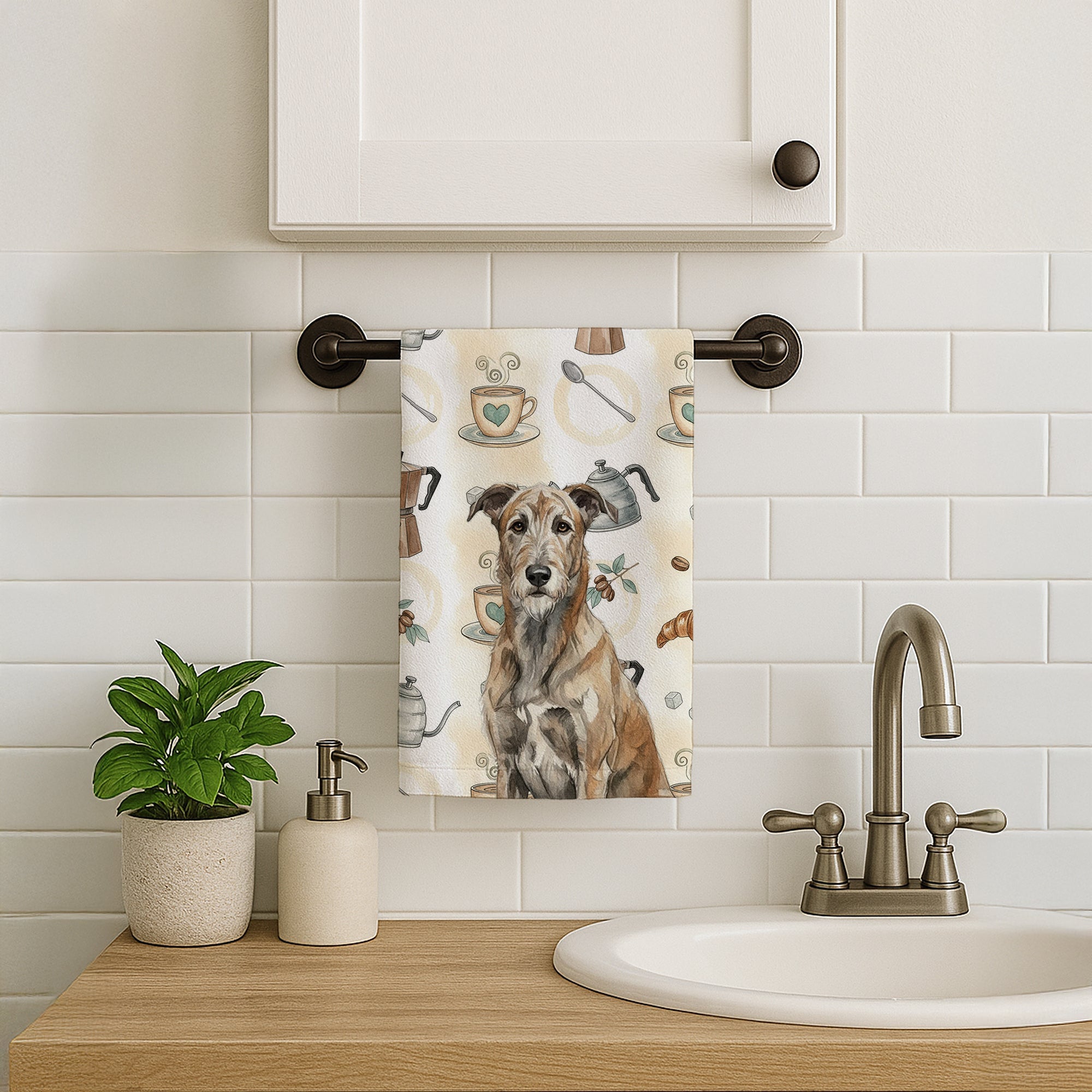 Brindle Irish Wolfhound Coffee Bar Kitchen Towel Velour Plush Front and Cotton Loop Back Machine Washable
