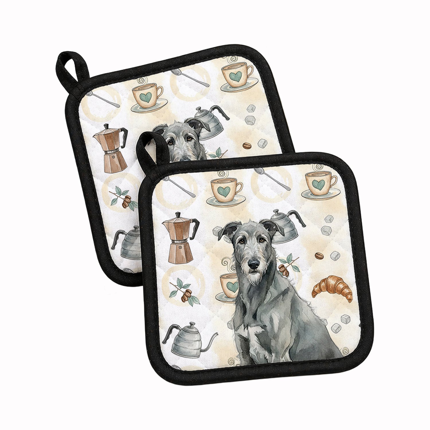 Gray Irish Wolfhound Coffee Bar Pot Holder Set of 2 Heat Resistant Quilted Hot Pads 7.5 x 7.5 Inch, Insulated Kitchen Trivets for Cooking & Baking