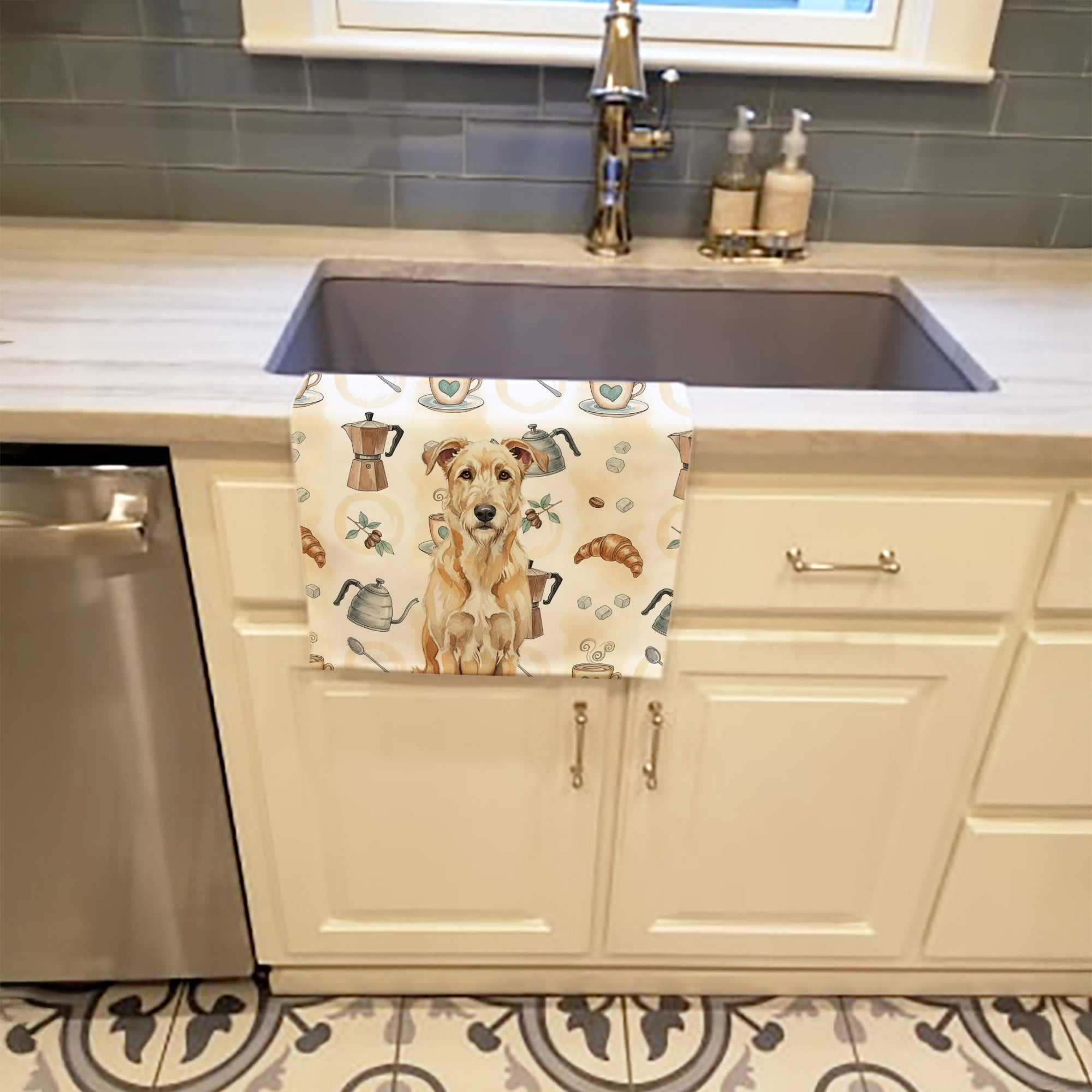 Wheaten Irish Wolfhound Coffee Bar Kitchen Towel Velour Plush Front and Cotton Loop Back Machine Washable
