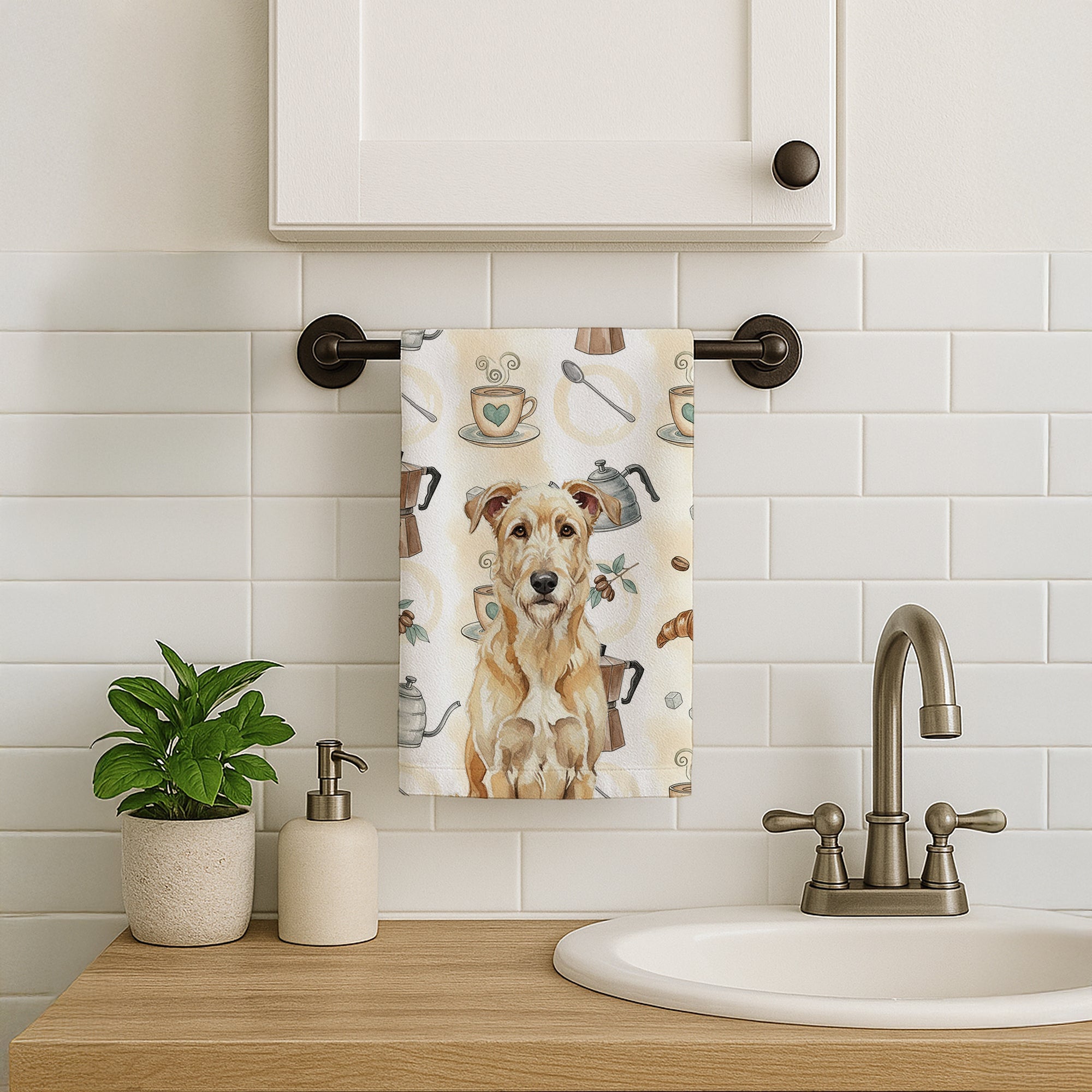 Wheaten Irish Wolfhound Coffee Bar Kitchen Towel Velour Plush Front and Cotton Loop Back Machine Washable