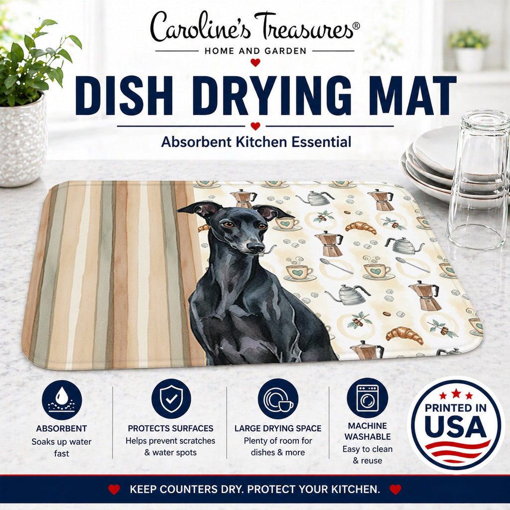 Black Italian Greyhound Coffee Bar Dish Drying Mat Absorbent Dish Drying Mat Pad for Kitchen Counter Dish Drainer Mat for Countertop, 14 x 21", Multicolor