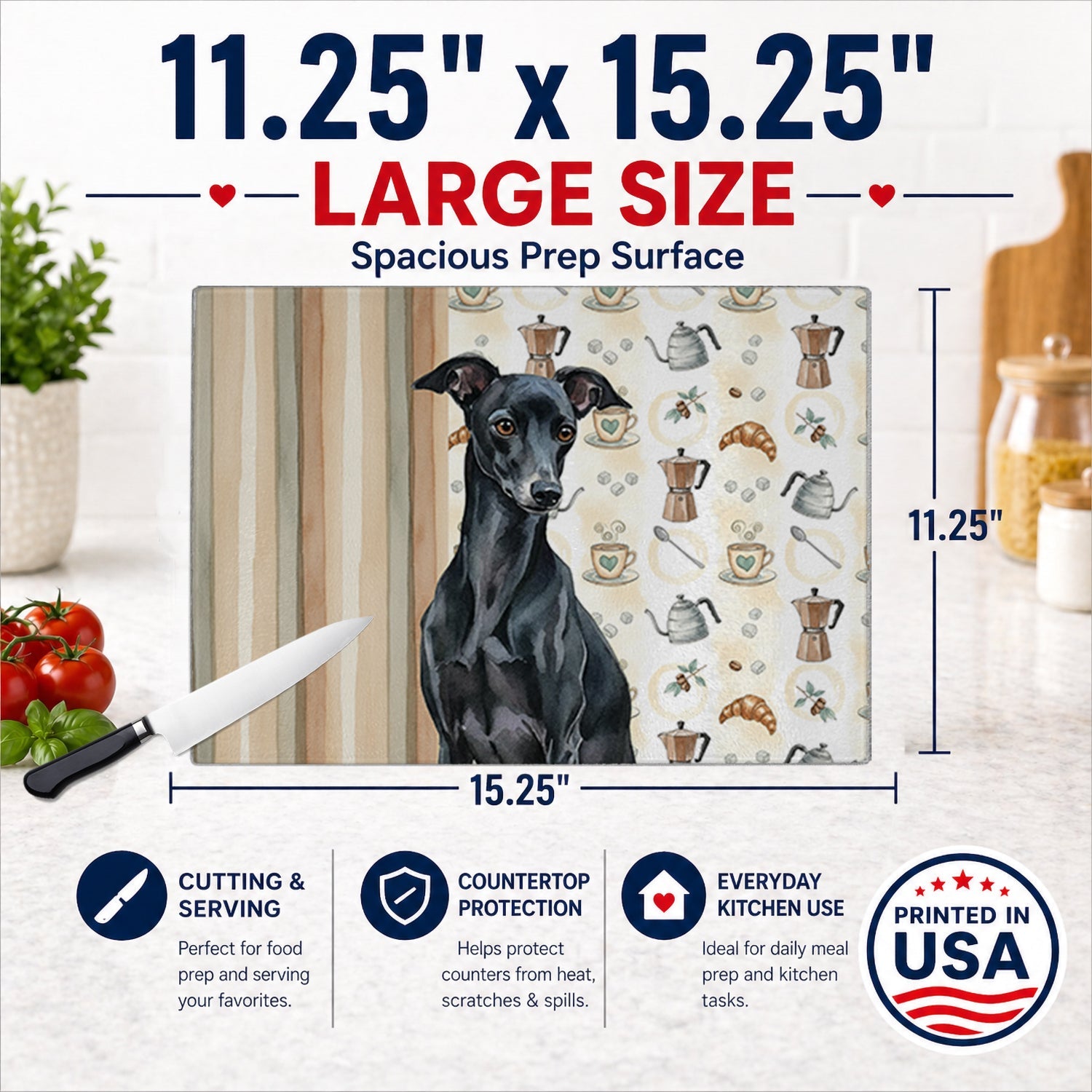 Black Italian Greyhound Coffee Bar Cutting Board Tempered Glass Kitchen Cutting Surface, Heat Resistant Chopping, Non-Slip Feet, Food Prep & Serving
