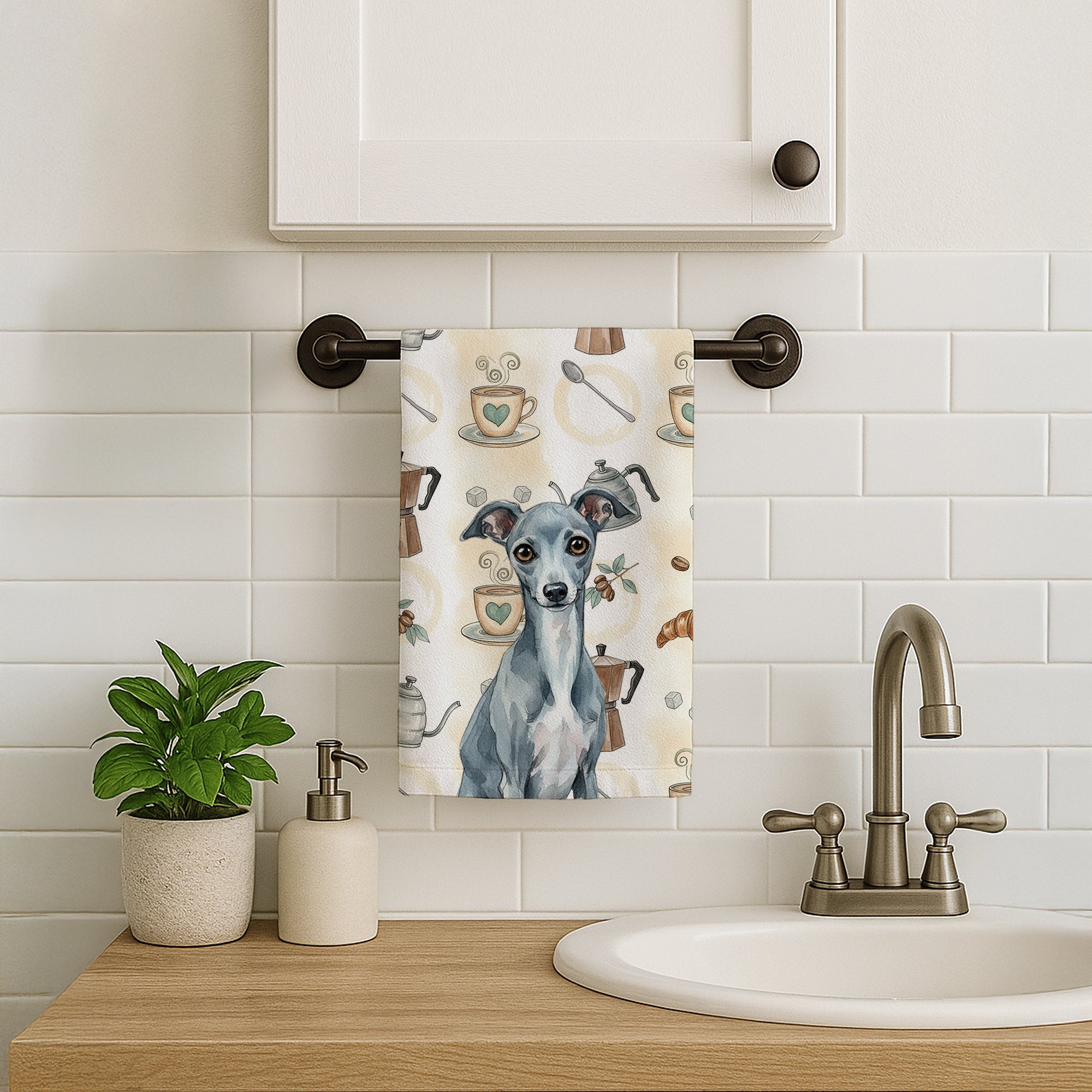 Blue Italian Greyhound Coffee Bar Kitchen Towel Velour Plush Front and Cotton Loop Back Machine Washable