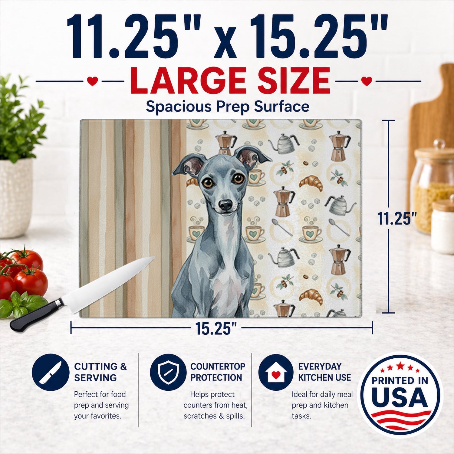 Blue Italian Greyhound Coffee Bar Cutting Board Tempered Glass Kitchen Cutting Surface, Heat Resistant Chopping, Non-Slip Feet, Food Prep & Serving
