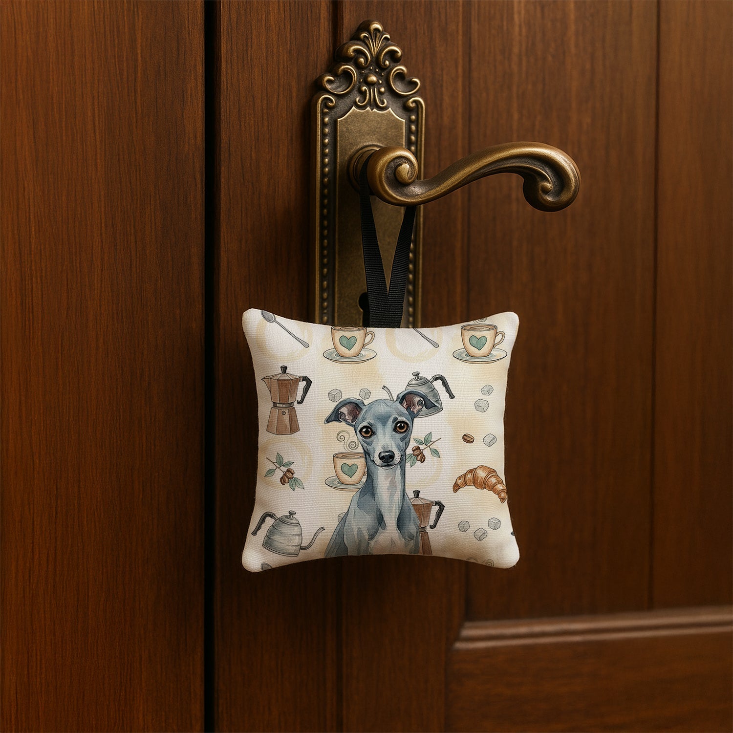 Blue Italian Greyhound Coffee Bar Hanging Square Fabric Ornament 3.5 � 3.5 Decorative Door-Knob & Tree Hanger, Soft Fabric