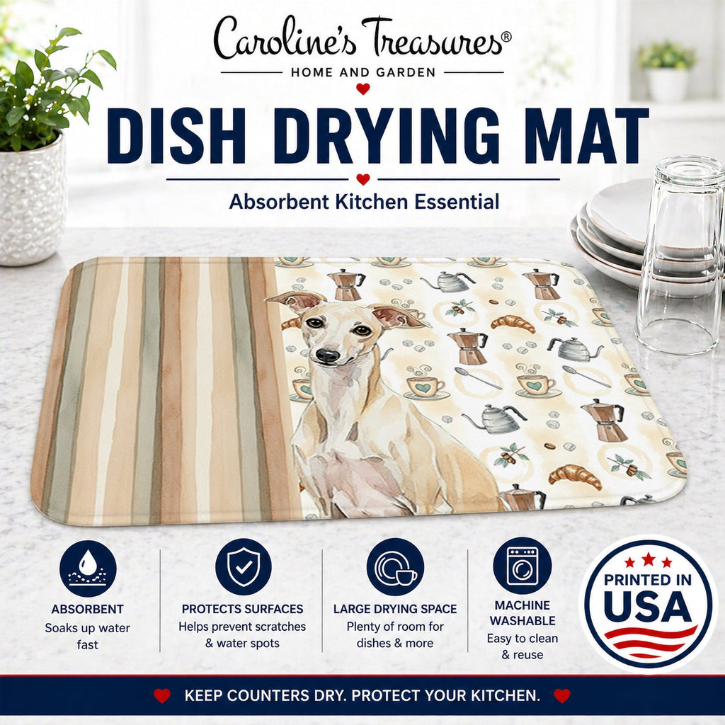 Cream Italian Greyhound Coffee Bar Dish Drying Mat Absorbent Dish Drying Mat Pad for Kitchen Counter Dish Drainer Mat for Countertop, 14 x 21", Multicolor