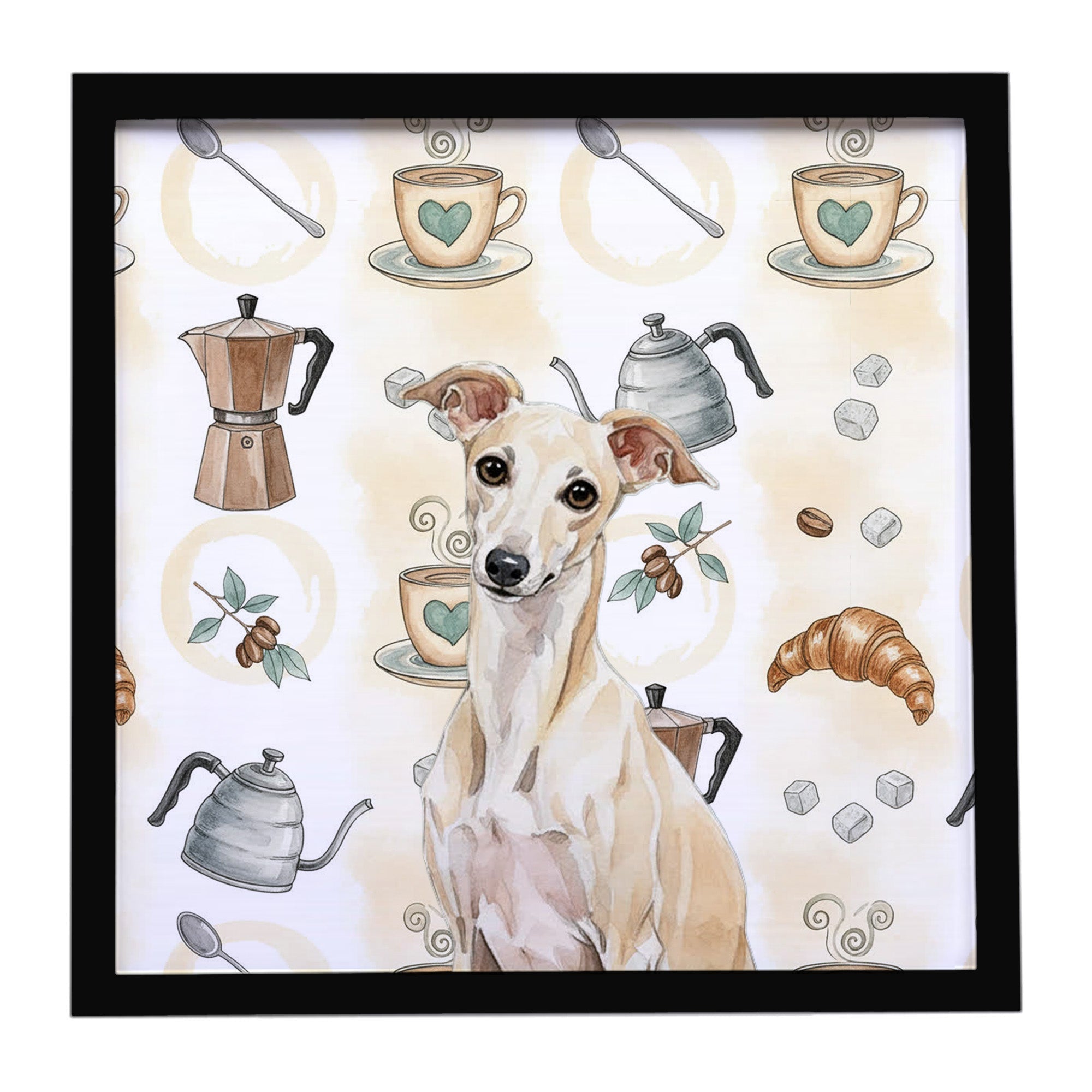 Cream Italian Greyhound Coffee Bar Framed Metal Print Bathroom, Kitchen, Office, Home Decor Wall Art Ready to Hang, Square, 8X8