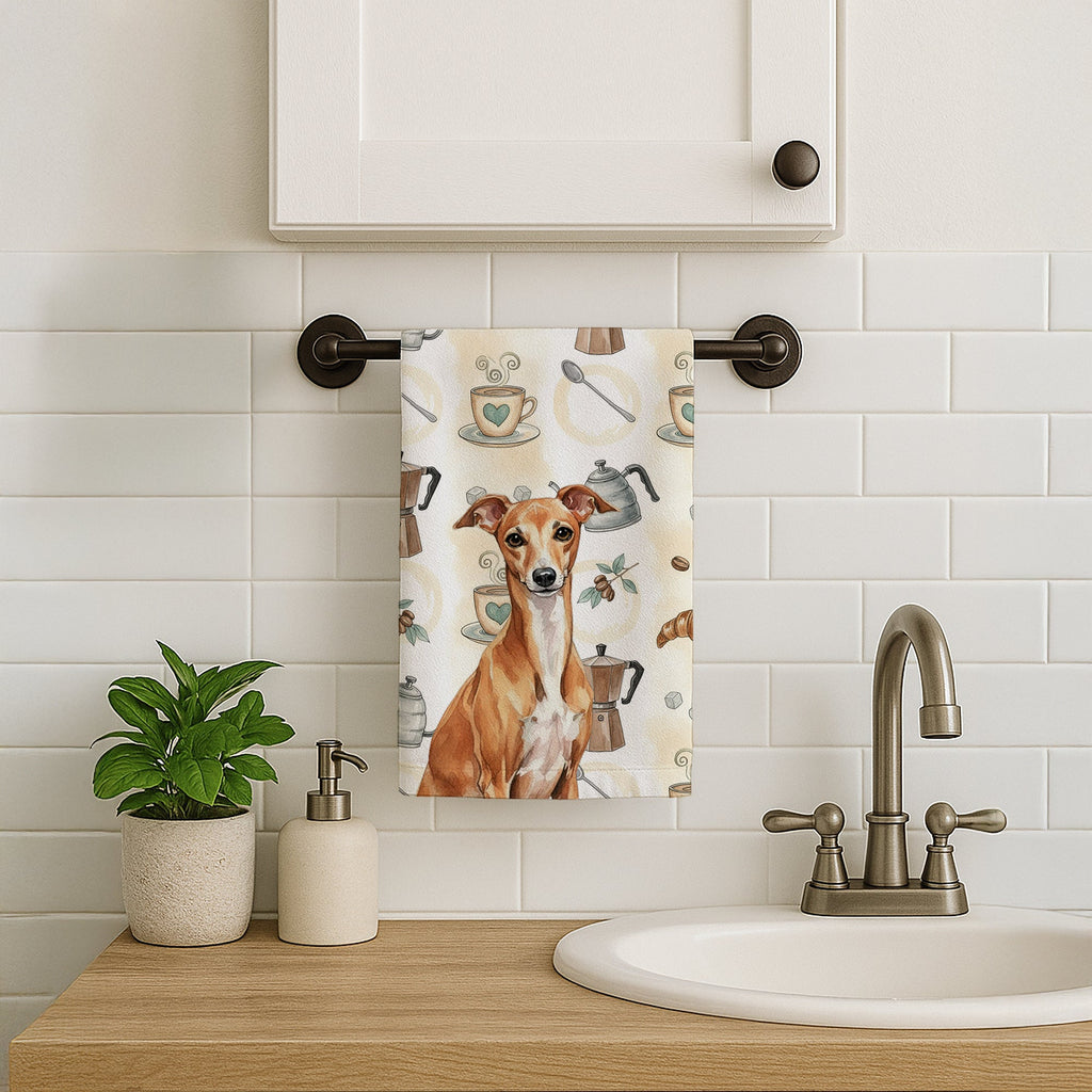 Red Italian Greyhound Coffee Bar Kitchen Towel Velour Plush Front and Cotton Loop Back Machine Washable