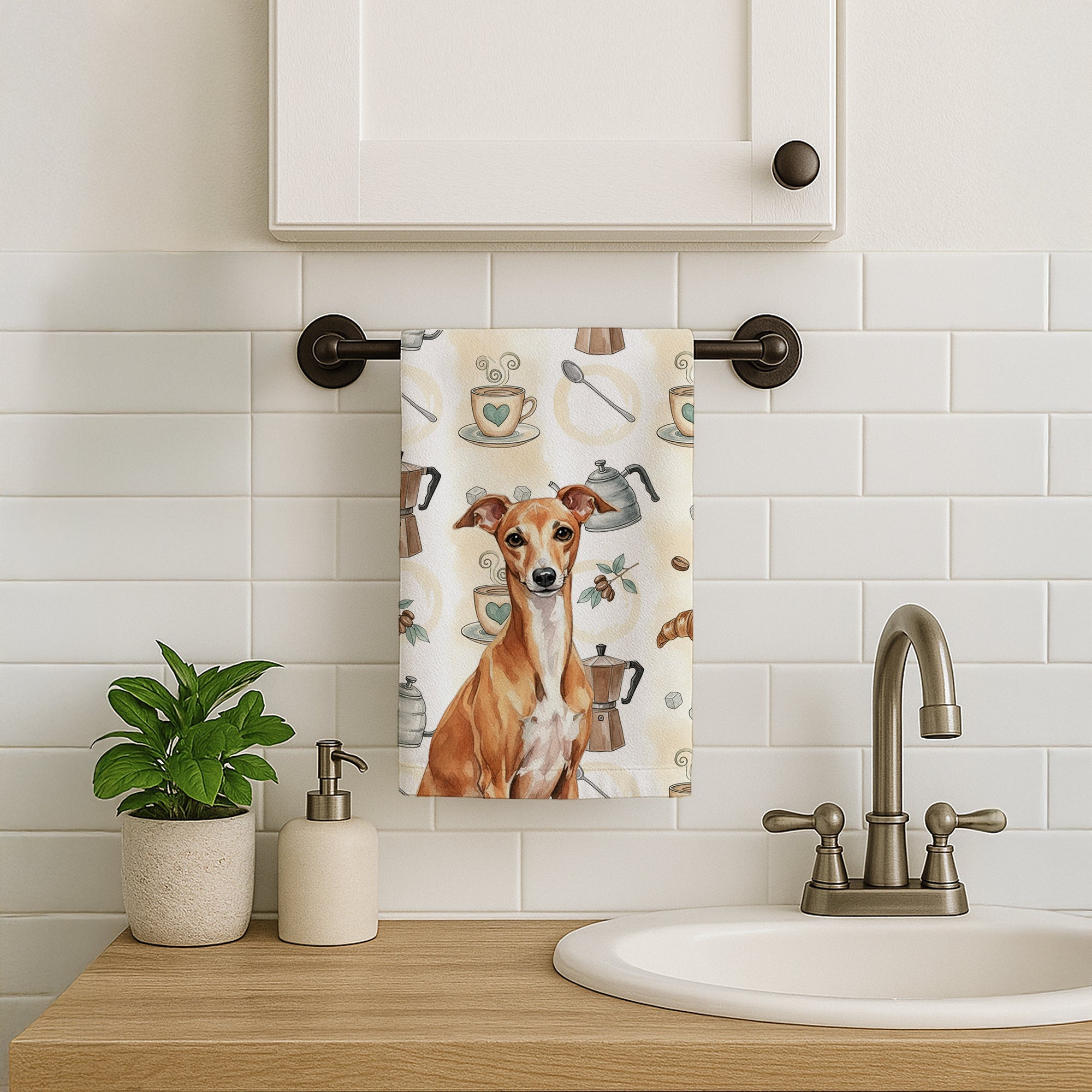 Red Italian Greyhound Coffee Bar Kitchen Towel Velour Plush Front and Cotton Loop Back Machine Washable
