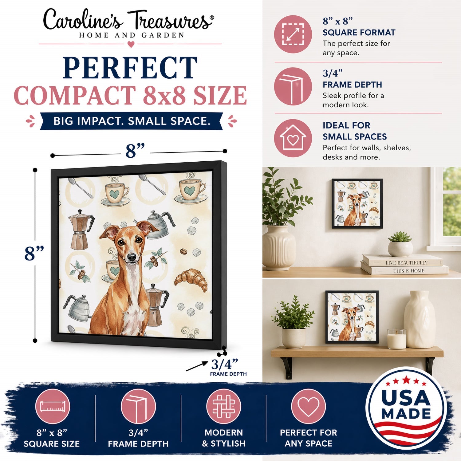 Red Italian Greyhound Coffee Bar Framed Metal Print Bathroom, Kitchen, Office, Home Decor Wall Art Ready to Hang, Square, 8X8
