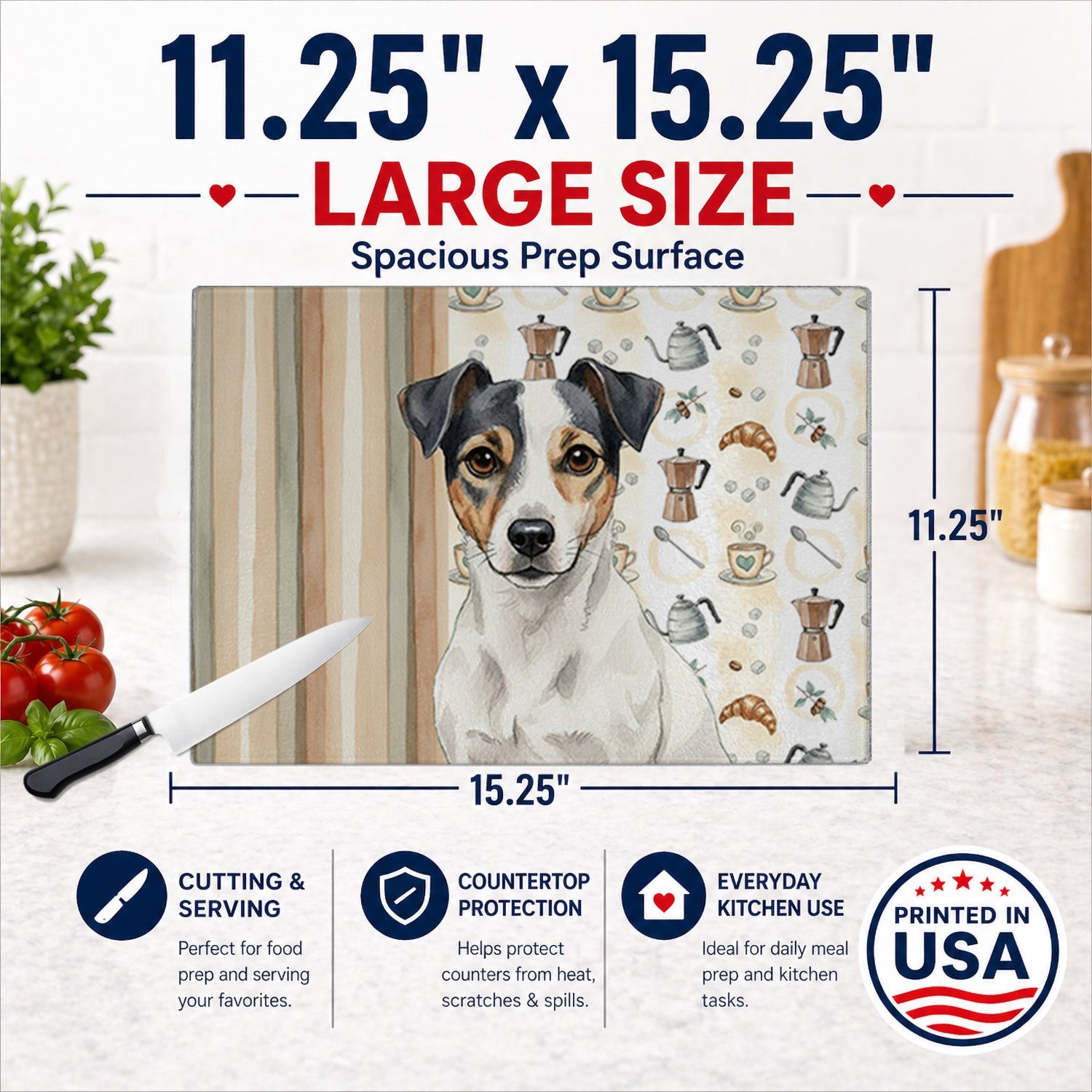White and Black Jack Russell Terrier Coffee Bar Cutting Board Tempered Glass Kitchen Cutting Surface, Heat Resistant Chopping, Non-Slip Feet, Food Prep & Serving