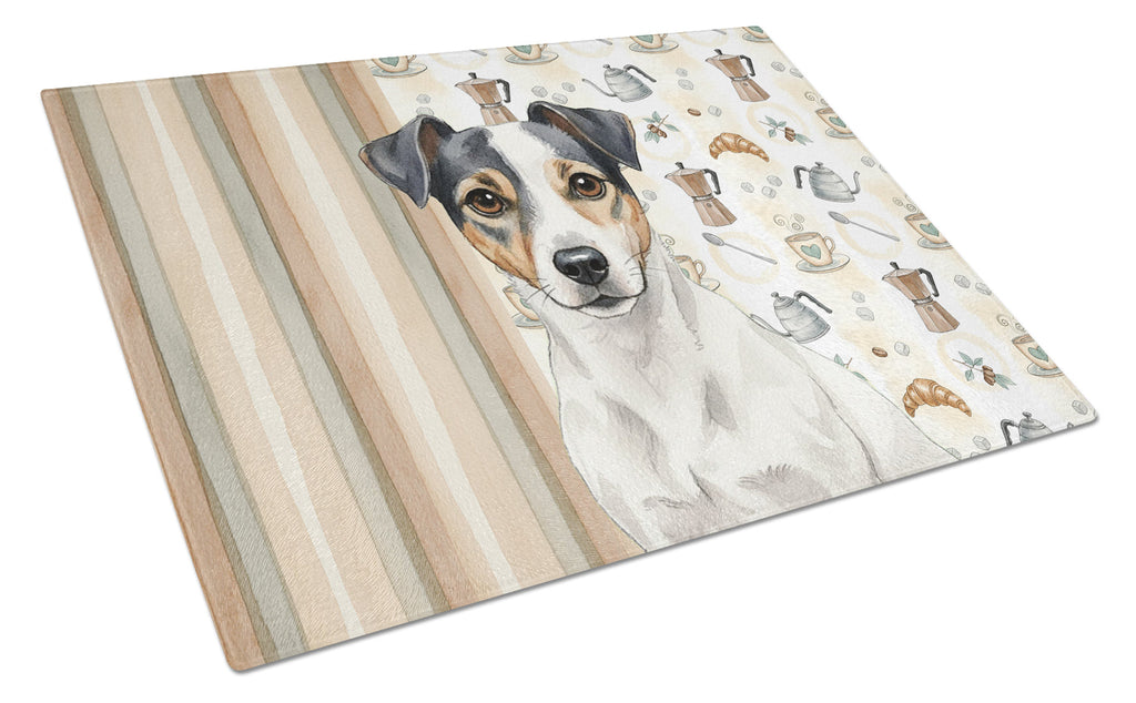 White and Black Jack Russell Terrier Coffee Bar Cutting Board Tempered Glass Kitchen Cutting Surface, Heat Resistant Chopping, Non-Slip Feet, Food Prep & Serving