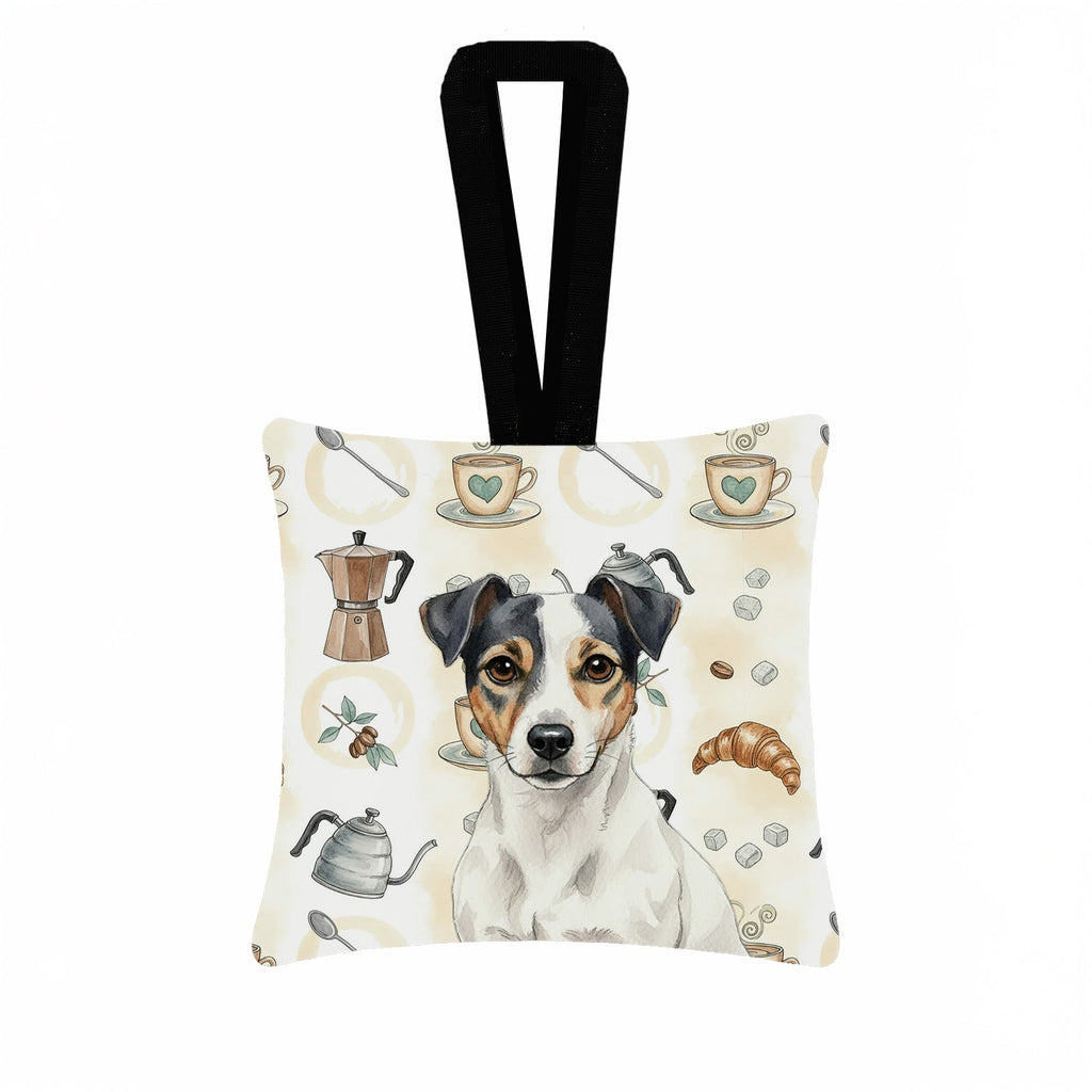 White and Black Jack Russell Terrier Coffee Bar Hanging Square Fabric Ornament 3.5 � 3.5 Decorative Door-Knob & Tree Hanger, Soft Fabric