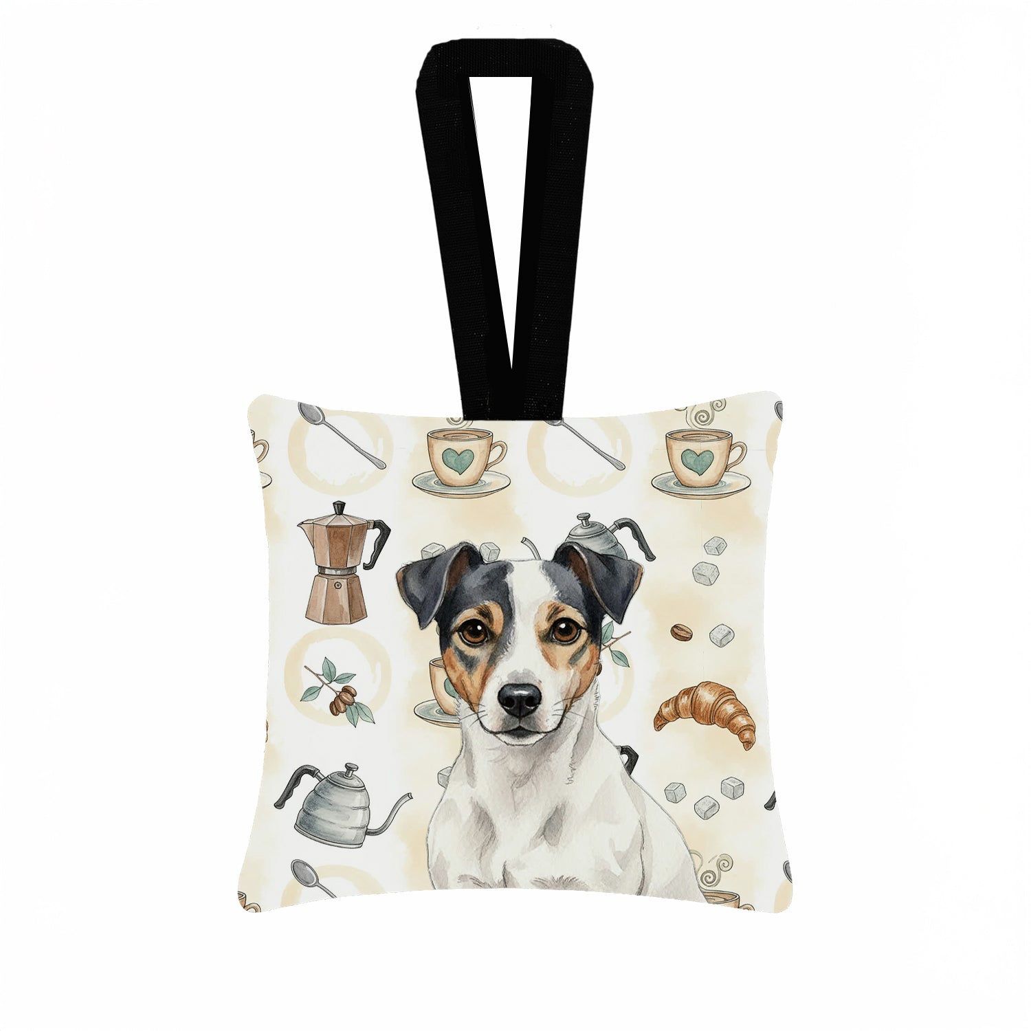 White and Black Jack Russell Terrier Coffee Bar Hanging Square Fabric Ornament 3.5 � 3.5 Decorative Door-Knob & Tree Hanger, Soft Fabric