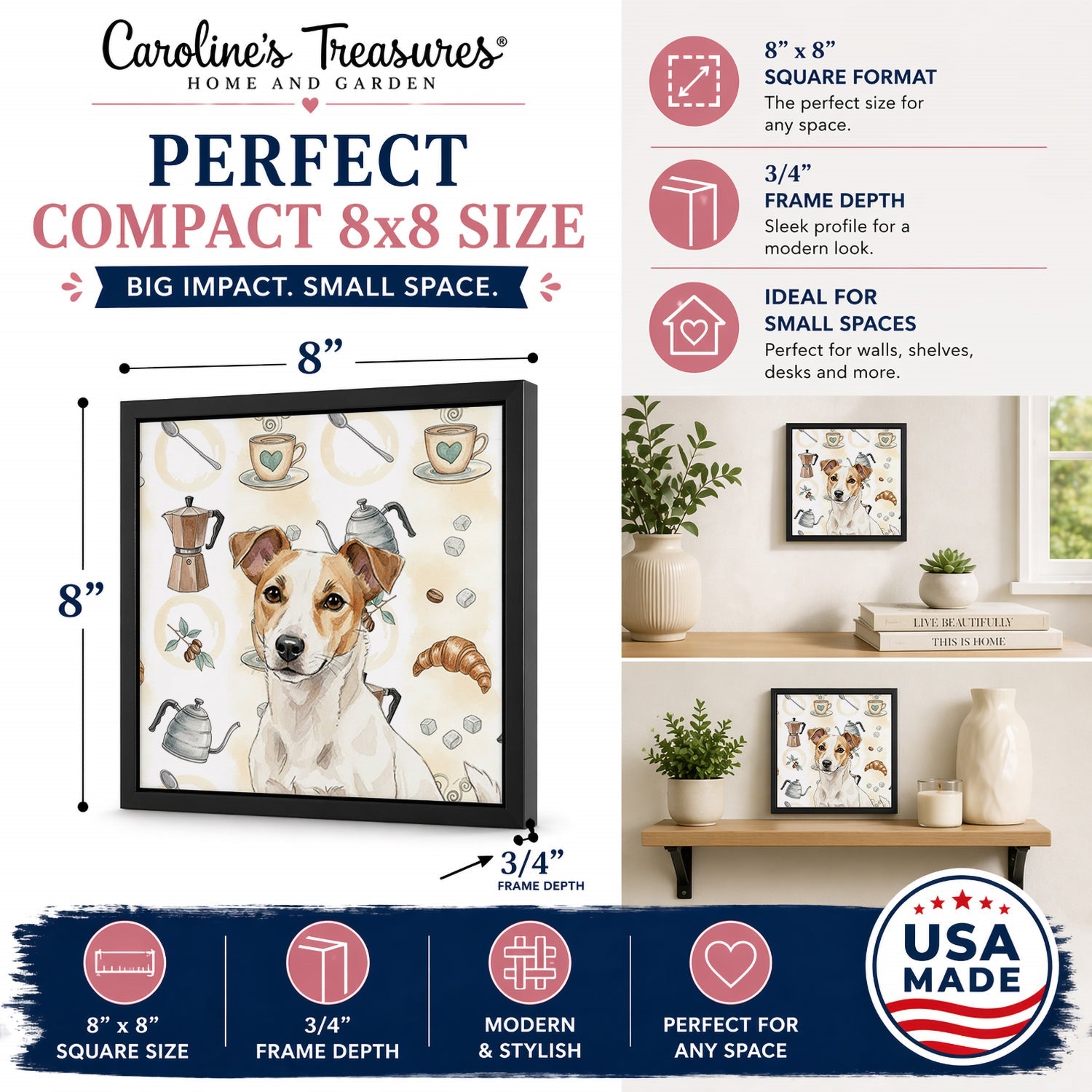 White and Tan Jack Russell Terrier Coffee Bar Framed Metal Print Bathroom, Kitchen, Office, Home Decor Wall Art Ready to Hang, Square, 8X8