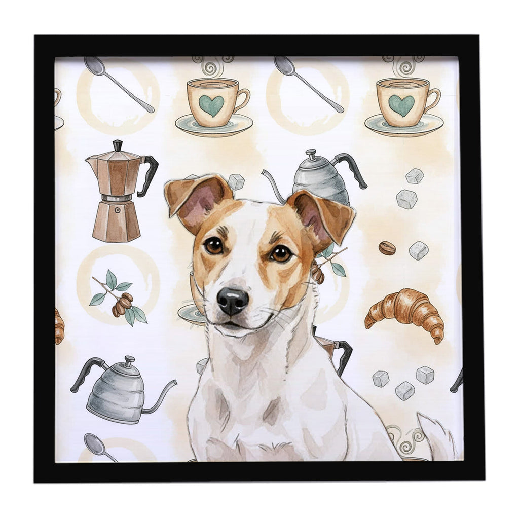 White and Tan Jack Russell Terrier Coffee Bar Framed Metal Print Bathroom, Kitchen, Office, Home Decor Wall Art Ready to Hang, Square, 8X8