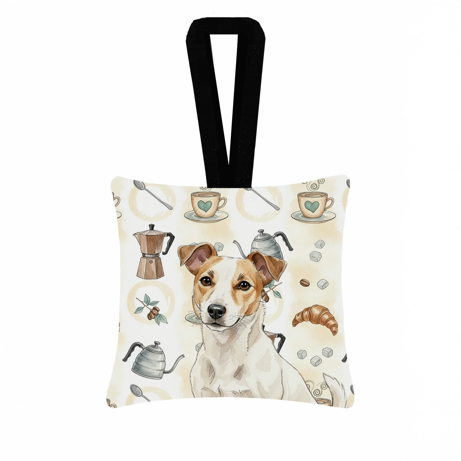 White and Tan Jack Russell Terrier Coffee Bar Hanging Square Fabric Ornament 3.5 � 3.5 Decorative Door-Knob & Tree Hanger, Soft Fabric