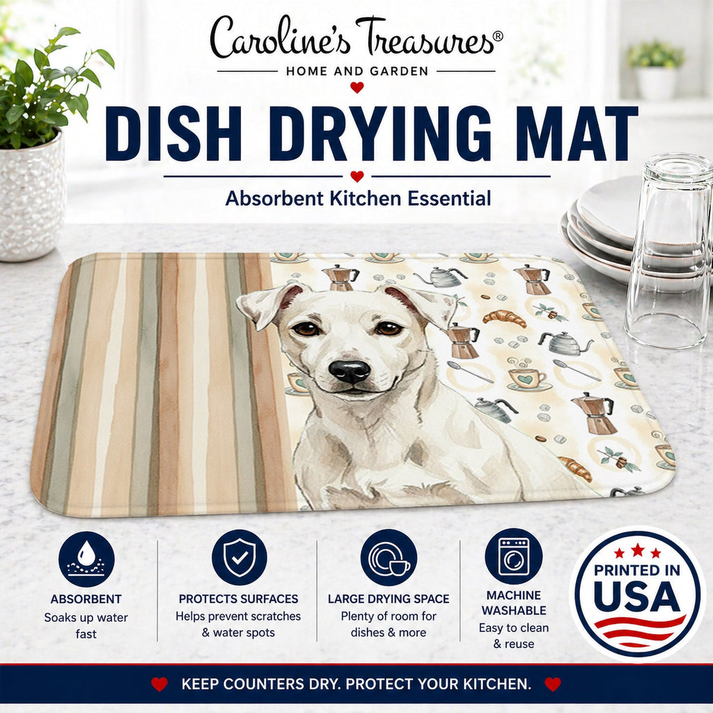 White Jack Russell Terrier Coffee Bar Dish Drying Mat Absorbent Dish Drying Mat Pad for Kitchen Counter Dish Drainer Mat for Countertop, 14 x 21", Multicolor