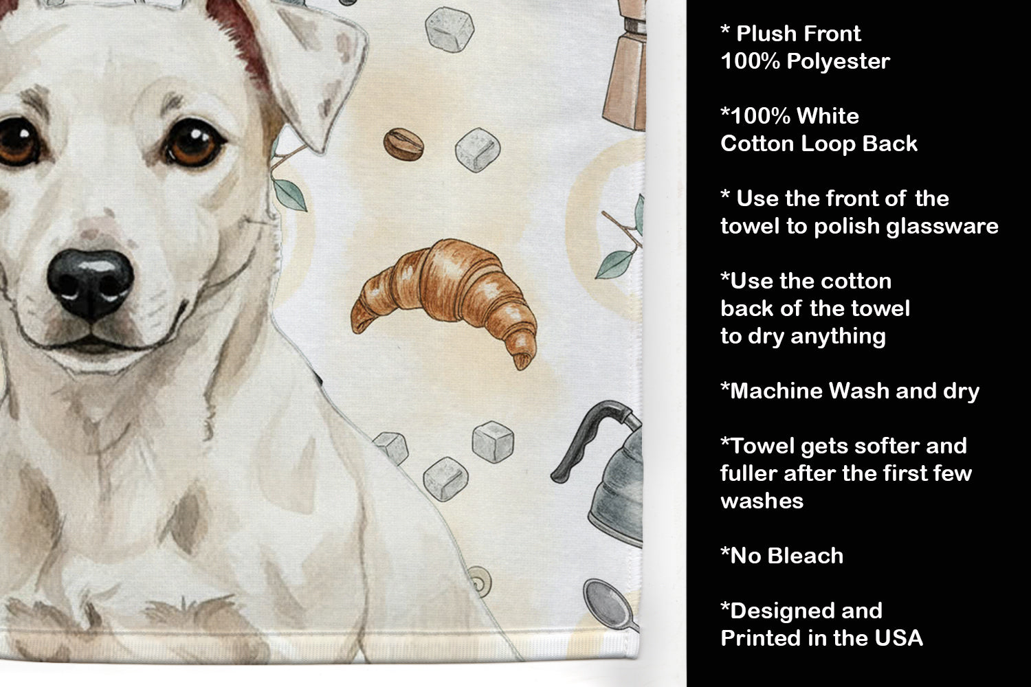 White Jack Russell Terrier Coffee Bar Kitchen Towel Velour Plush Front and Cotton Loop Back Machine Washable