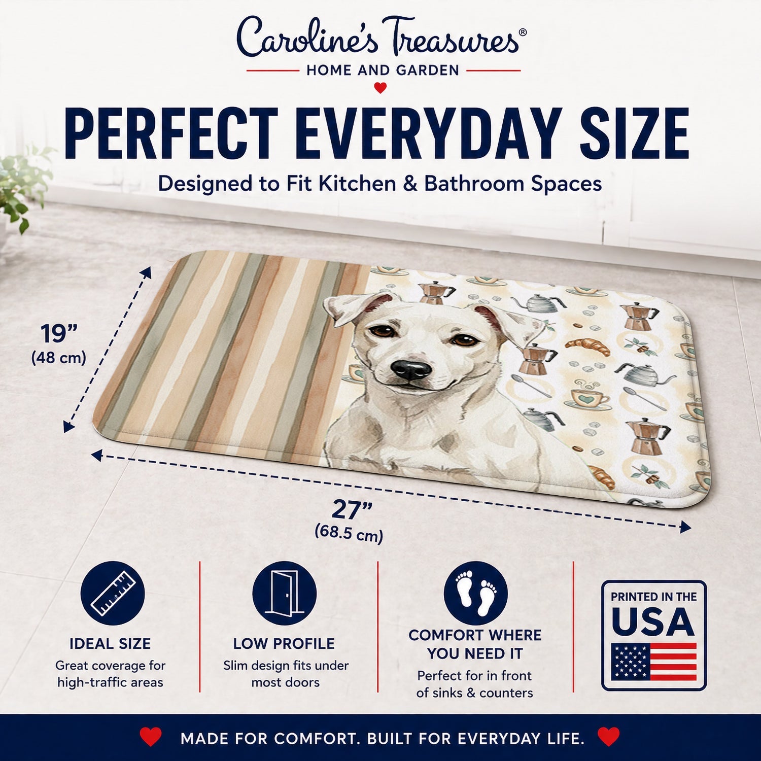 White Jack Russell Terrier Coffee Bar Memory Foam Kitchen Mat Machine Washable Anti-Fatigue Cushion Comfort Bath or Kitchen Rug