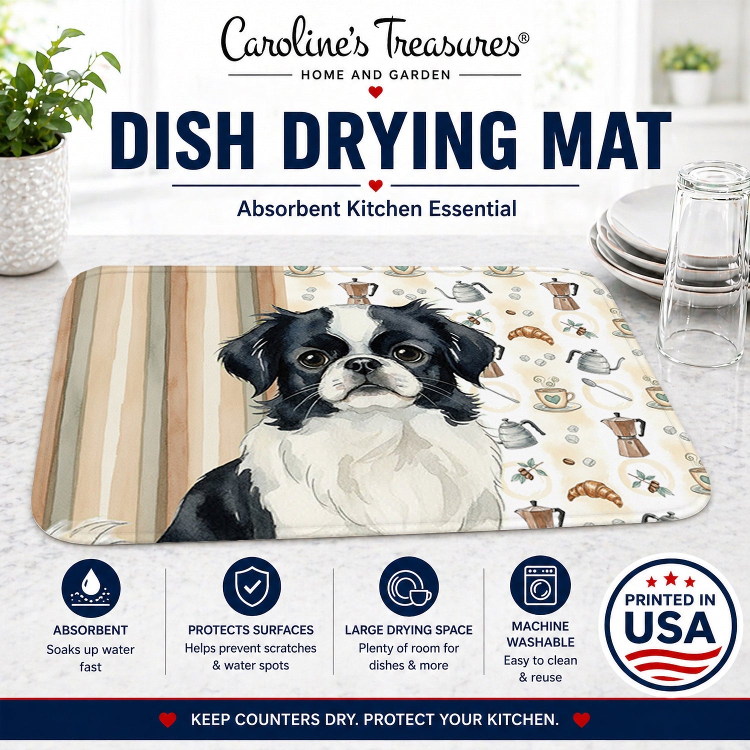 Black and White Japanese Chin Coffee Bar Dish Drying Mat Absorbent Dish Drying Mat Pad for Kitchen Counter Dish Drainer Mat for Countertop, 14 x 21", Multicolor