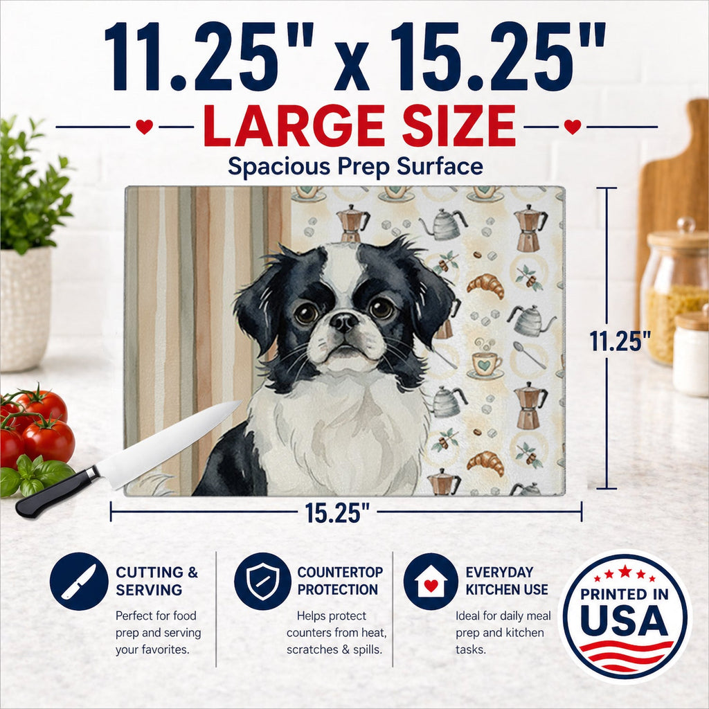 Black and White Japanese Chin Coffee Bar Cutting Board Tempered Glass Kitchen Cutting Surface, Heat Resistant Chopping, Non-Slip Feet, Food Prep & Serving