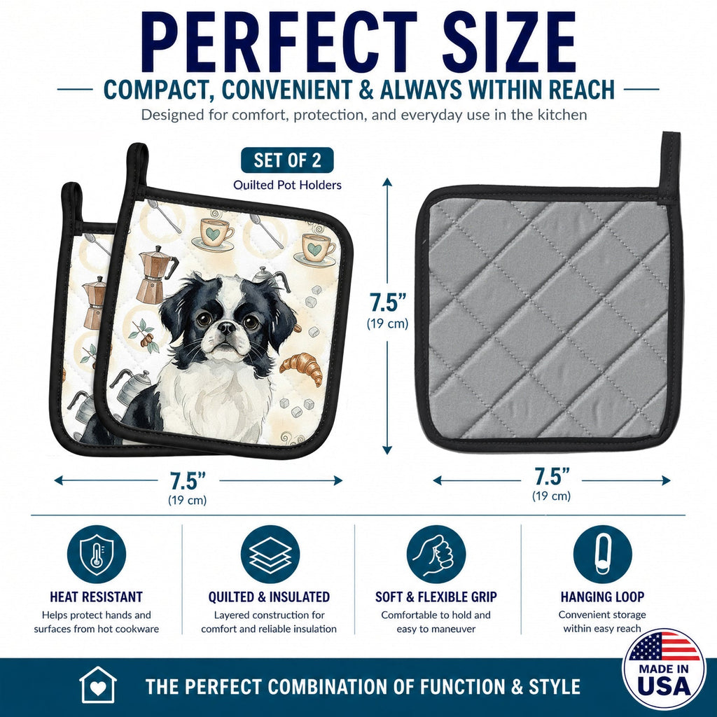 Black and White Japanese Chin Coffee Bar Pot Holder Set of 2 Heat Resistant Quilted Hot Pads 7.5 x 7.5 Inch, Insulated Kitchen Trivets for Cooking & Baking