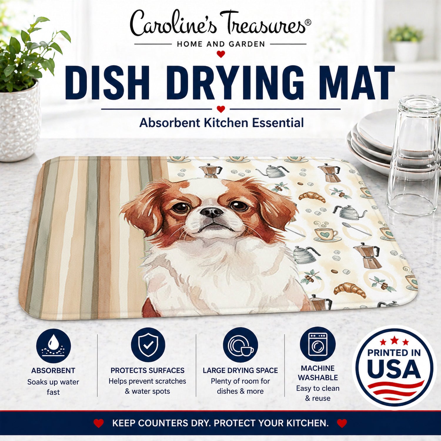 Red and White Japanese Chin Coffee Bar Dish Drying Mat Absorbent Dish Drying Mat Pad for Kitchen Counter Dish Drainer Mat for Countertop, 14 x 21", Multicolor