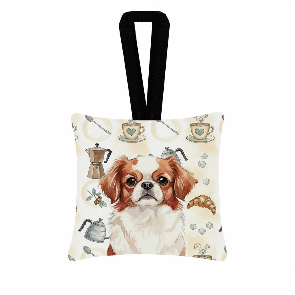 Red and White Japanese Chin Coffee Bar Hanging Square Fabric Ornament 3.5 � 3.5 Decorative Door-Knob & Tree Hanger, Soft Fabric