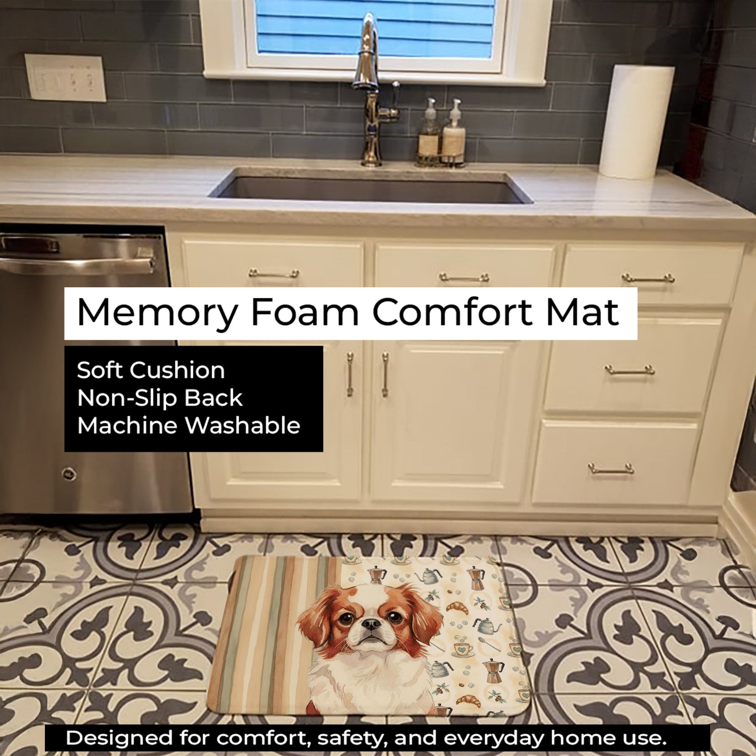 Red and White Japanese Chin Coffee Bar Memory Foam Kitchen Mat Machine Washable Anti-Fatigue Cushion Comfort Bath or Kitchen Rug
