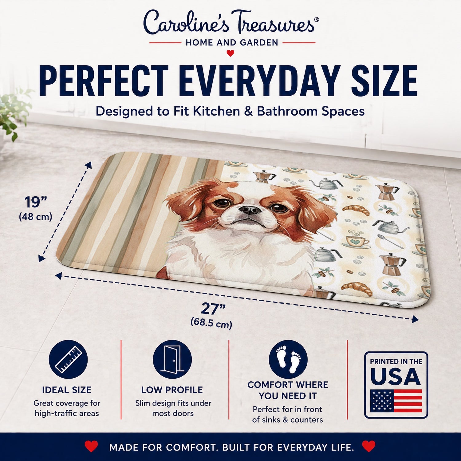 Red and White Japanese Chin Coffee Bar Memory Foam Kitchen Mat Machine Washable Anti-Fatigue Cushion Comfort Bath or Kitchen Rug